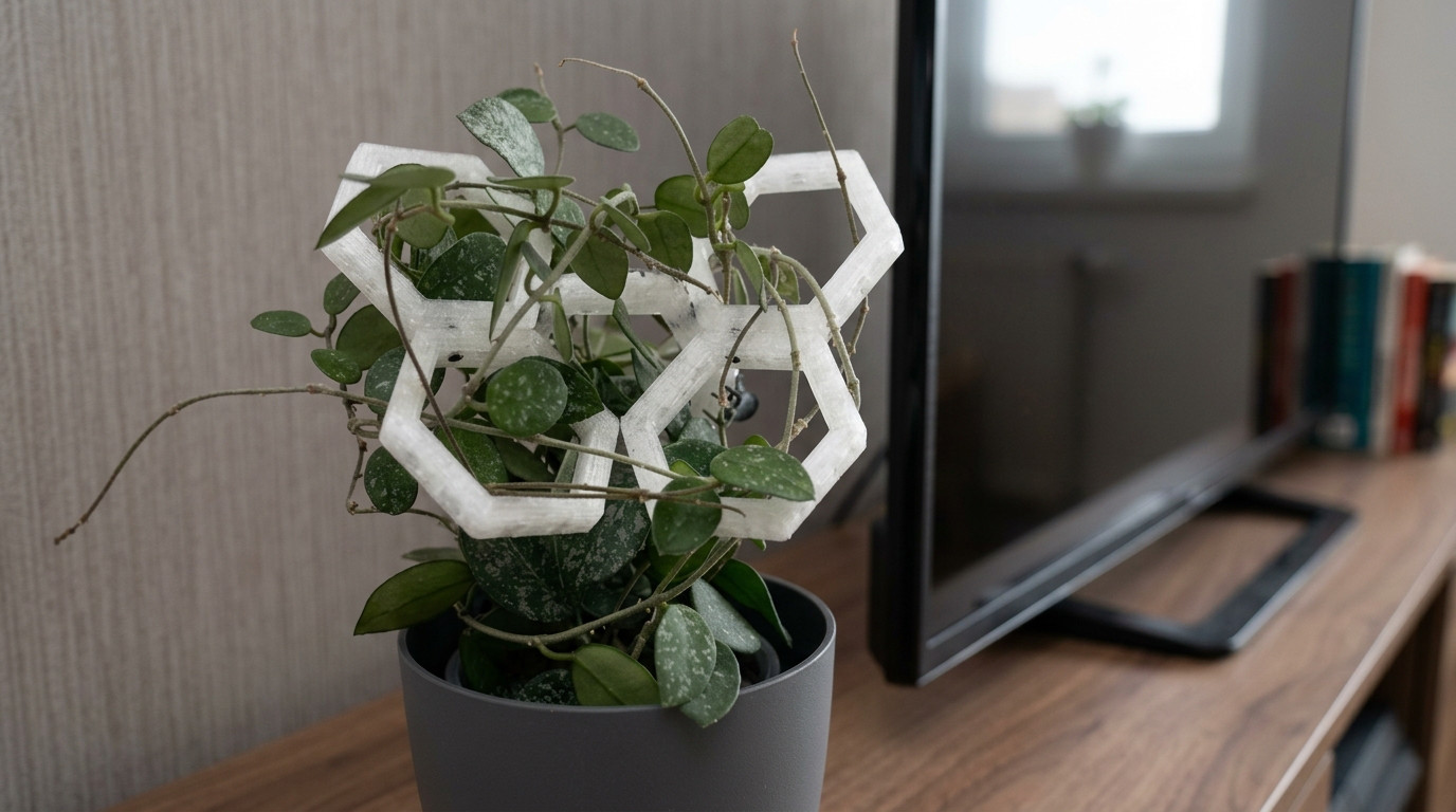 Tinker Garden trellis beside a TV bench with indoor plants