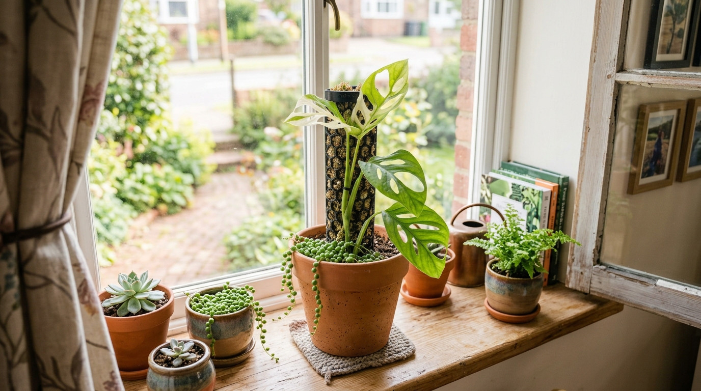 Tinker Garden totem moss poles arranged on a bright windowsill
